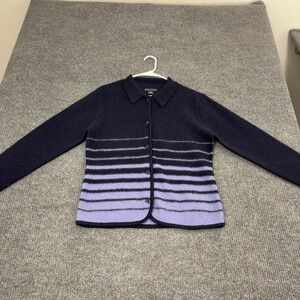 Vintage Revue Cardigan Womens M Purple Wool Striped Button Up Collared Classic